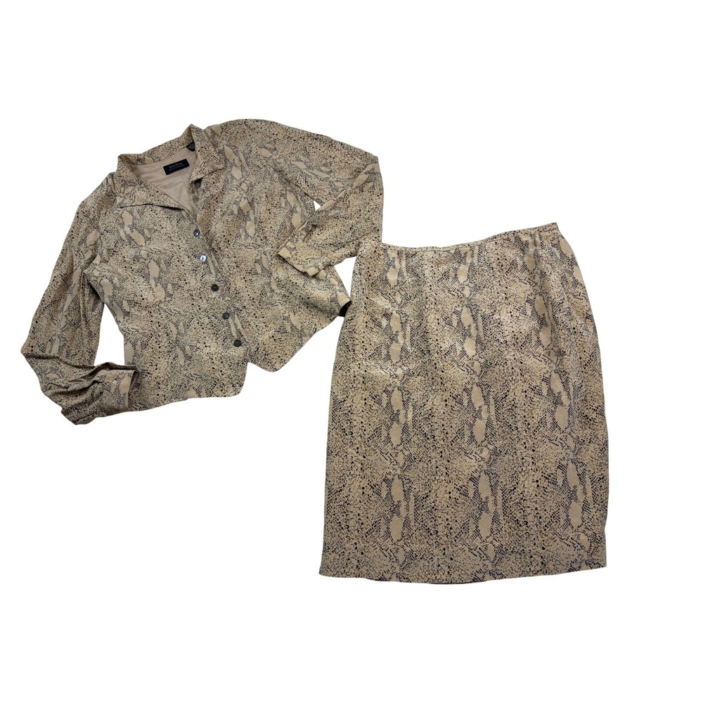 Vintage Dana Buchman Silk Snake Print Skirt Suit Set Tan Black Python Size 14